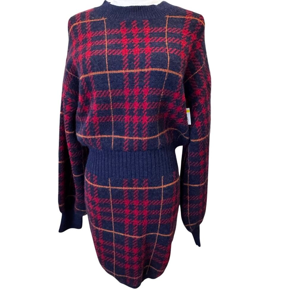 New En Saison Bronte Plaid Sweater Dress Anthropologie Navy Red Knit Minidress S